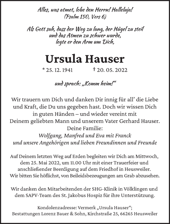 Todesanzeige von Ursula Hauser von saarbruecker_zeitung