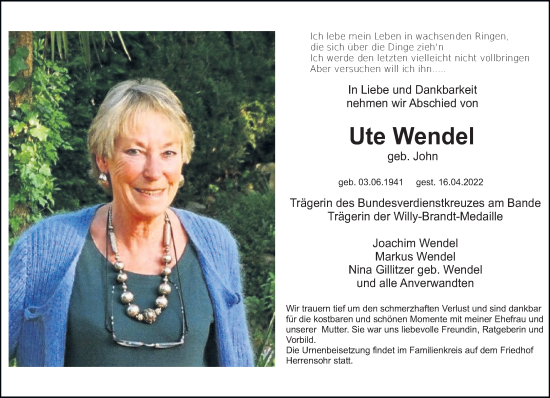 Todesanzeige von Ute Wendel von saarbruecker_zeitung