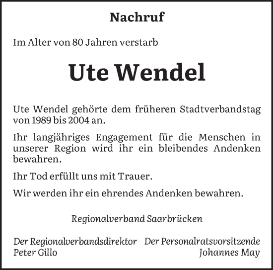 Todesanzeige von Ute Wendel von saarbruecker_zeitung