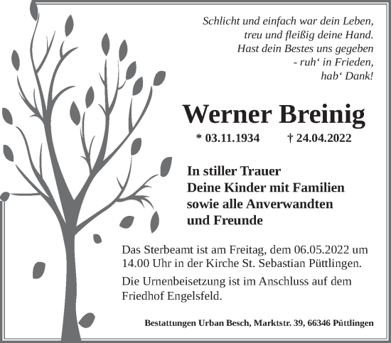 Todesanzeige von Werner Breinig von saarbruecker_zeitung