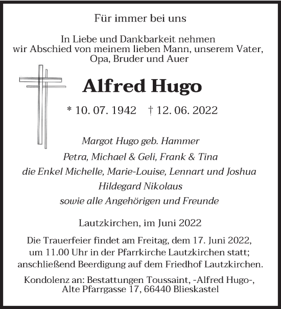 Todesanzeige von Alfred Hugo von saarbruecker_zeitung
