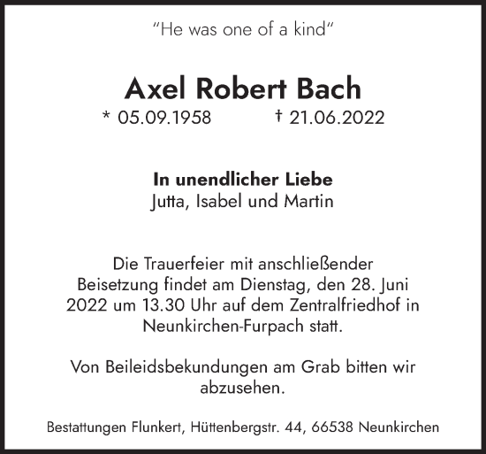 Todesanzeige von Axel Robert Bach von saarbruecker_zeitung