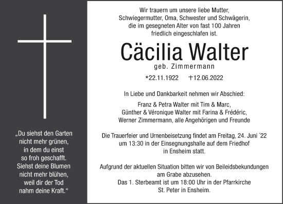 Todesanzeige von Cäcilia Walter von saarbruecker_zeitung