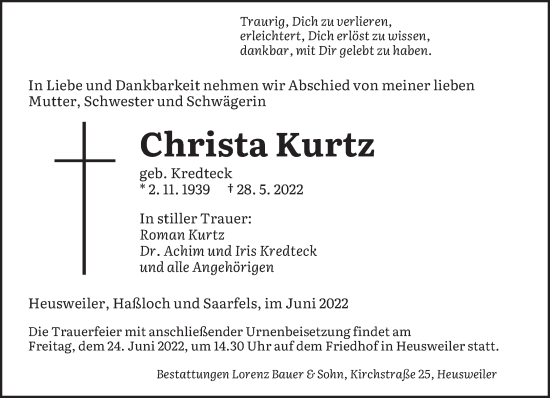 Todesanzeige von Christa Kurtz von saarbruecker_zeitung