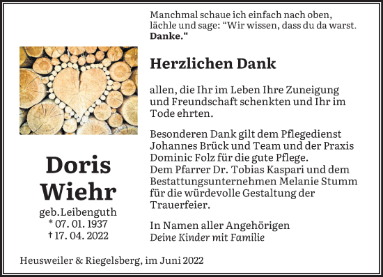 Todesanzeige von Doris Wiehr von saarbruecker_zeitung