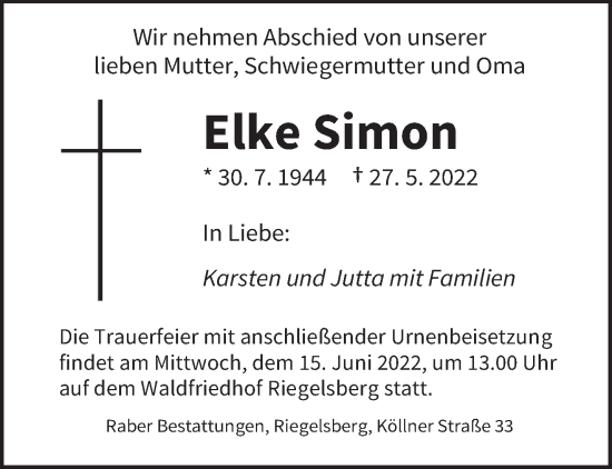 Todesanzeige von Elke Simon von saarbruecker_zeitung