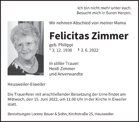 Todesanzeige von Felicitas Zimmer von saarbruecker_zeitung