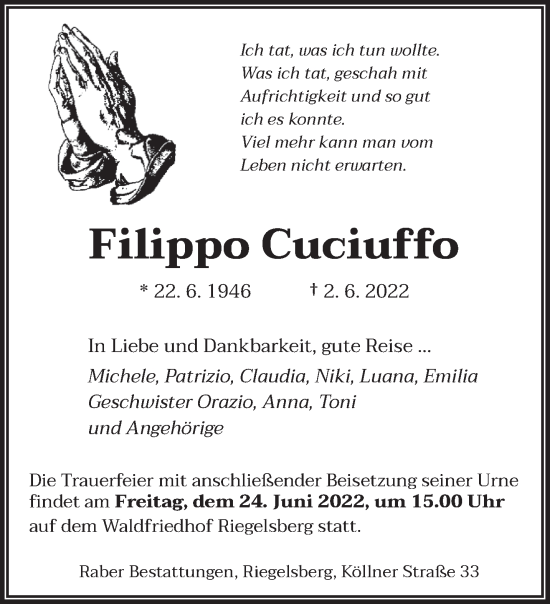 Todesanzeige von Filippo Cuciuffo von saarbruecker_zeitung