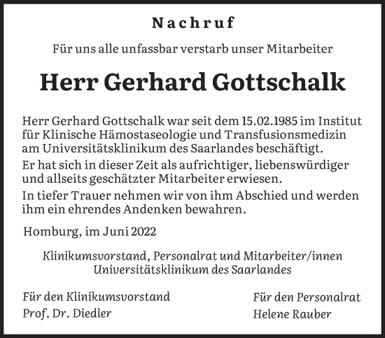Todesanzeige von Gerhard Gottschalk von saarbruecker_zeitung