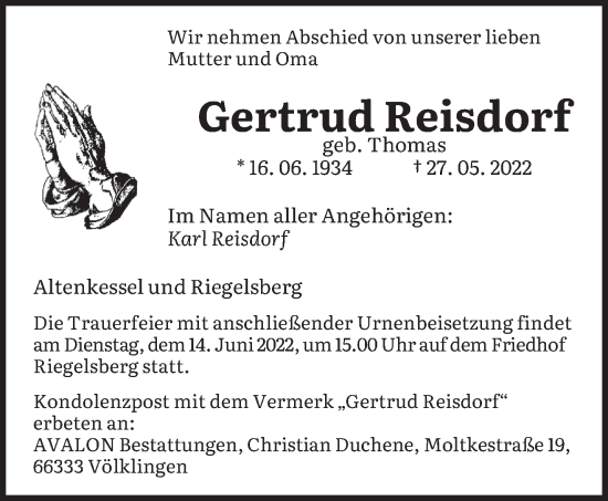 Todesanzeige von Gertrud Reisdorf von saarbruecker_zeitung