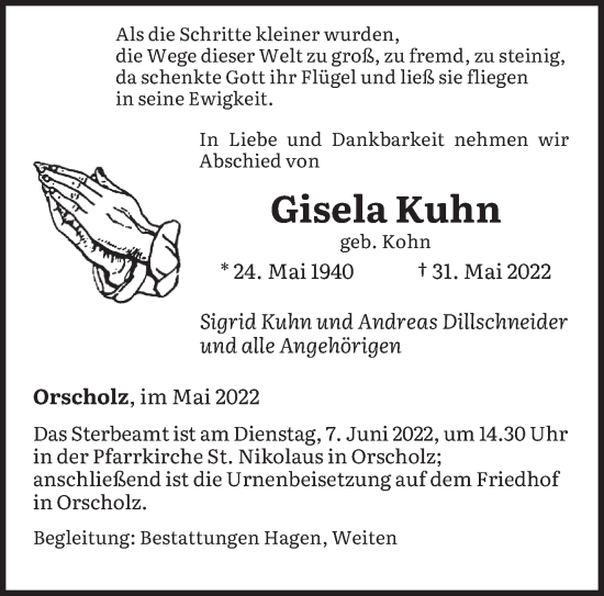 Todesanzeige von Gisela Kuhn von saarbruecker_zeitung