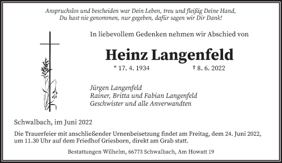 Todesanzeige von Heinz Langenfeld von saarbruecker_zeitung