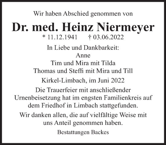 Todesanzeige von Heinz Niermeyer von saarbruecker_zeitung