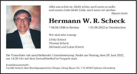 Todesanzeige von Hermann W. R. Scheck von saarbruecker_zeitung