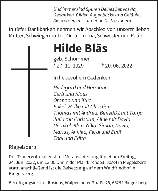 Todesanzeige von Hilde Bläs von saarbruecker_zeitung
