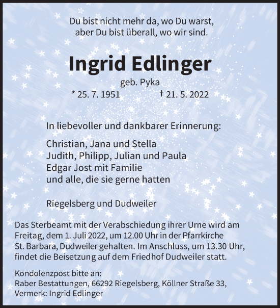 Todesanzeige von Ingrid Edlinger von saarbruecker_zeitung