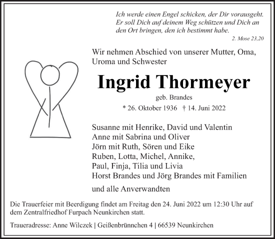 Todesanzeige von Ingrid Thormeyer von saarbruecker_zeitung