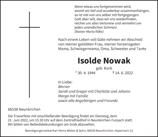 Todesanzeige von Isolde Nowak von saarbruecker_zeitung