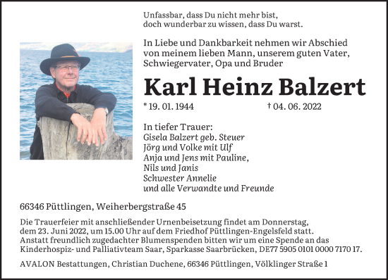 Todesanzeige von Karl Heinz Balzert von saarbruecker_zeitung