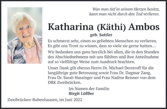 Todesanzeige von Katharina Ambos von saarbruecker_zeitung