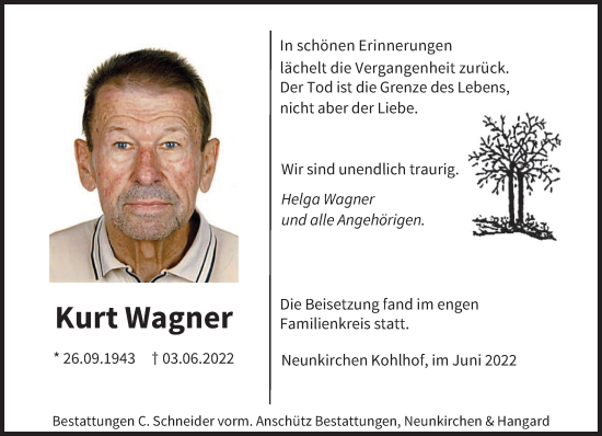 Todesanzeige von Kurt Wagner von saarbruecker_zeitung