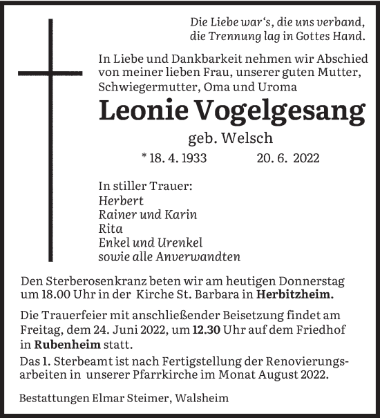 Todesanzeige von Leonie Vogelgesang von saarbruecker_zeitung