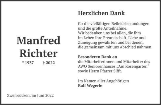 Todesanzeige von Manfred Richter von saarbruecker_zeitung