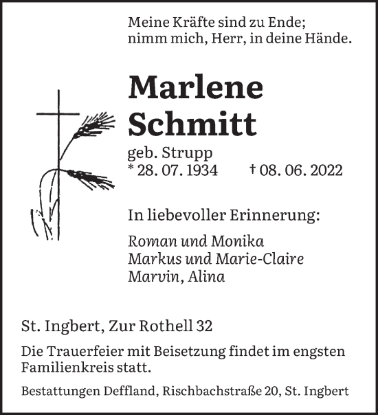 Todesanzeige von Marlene Schmitt von saarbruecker_zeitung