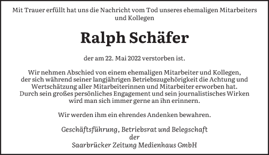 Todesanzeige von Ralph Schäfer von saarbruecker_zeitung