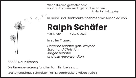 Todesanzeige von Ralph Schäfer von saarbruecker_zeitung