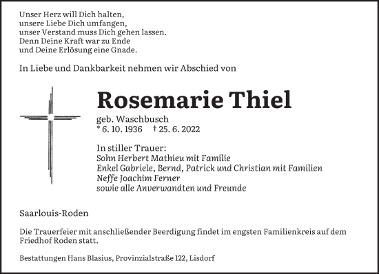 Todesanzeige von Rosemarie Thiel von saarbruecker_zeitung
