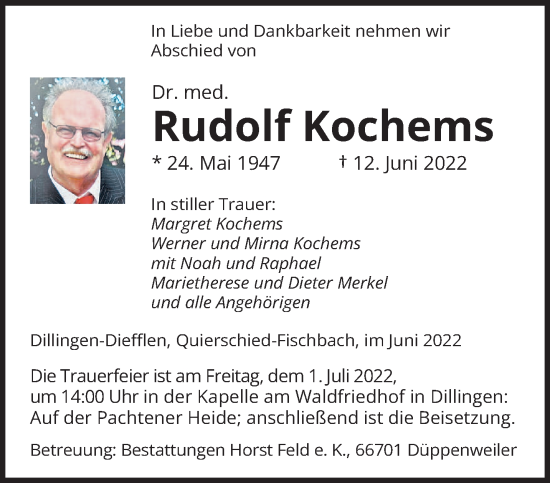 Todesanzeige von Rudolf Kochems von saarbruecker_zeitung