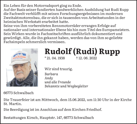 Todesanzeige von Rudolf Rupp von saarbruecker_zeitung