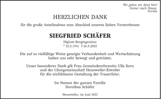 Todesanzeige von Siegfried Schäfer von saarbruecker_zeitung