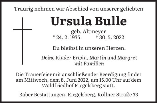 Todesanzeige von Ursula Bulle von saarbruecker_zeitung