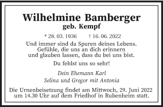 Todesanzeige von Wilhelmine Bamberger von saarbruecker_zeitung