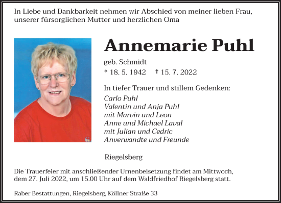 Todesanzeige von Annemarie Puhl von saarbruecker_zeitung