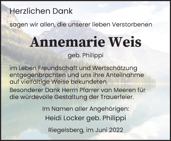 Todesanzeige von Annemarie Weis von saarbruecker_zeitung