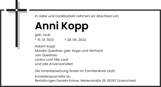Todesanzeige von Anni Kopp von saarbruecker_zeitung