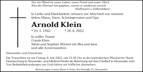 Todesanzeige von Arnold Klein von saarbruecker_zeitung