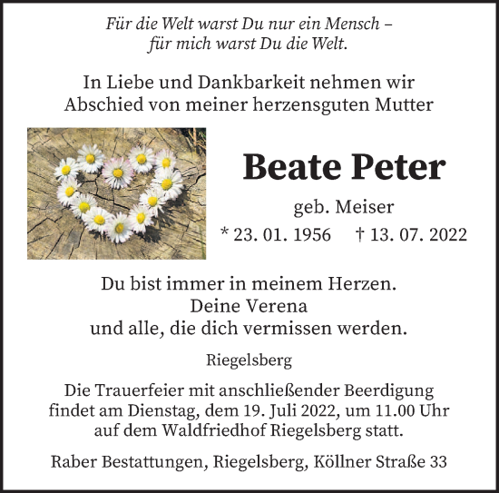 Todesanzeige von Beate Peter von saarbruecker_zeitung