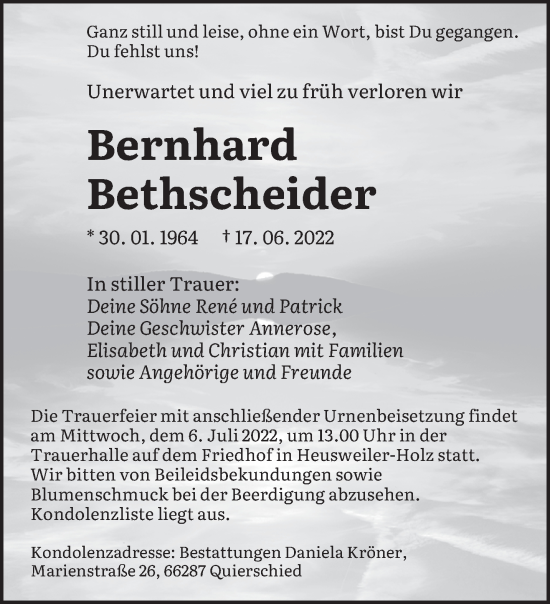 Todesanzeige von Bernhard Bethscheider von saarbruecker_zeitung