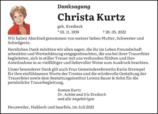 Todesanzeige von Christa Kurtz von saarbruecker_zeitung