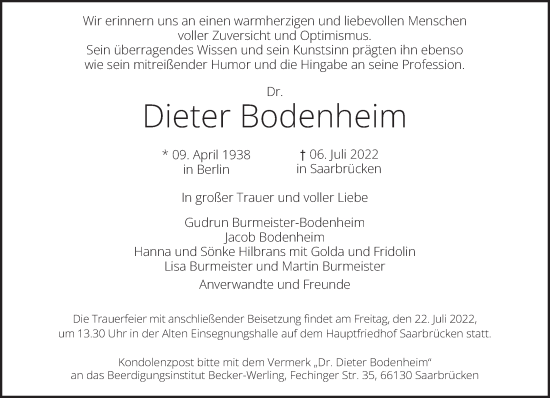 Todesanzeige von Dieter Bodenheim von saarbruecker_zeitung