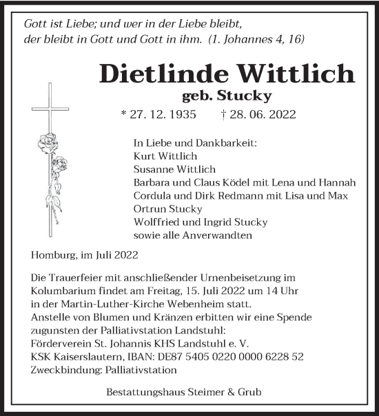 Todesanzeige von Dietlinde Wittlich von saarbruecker_zeitung