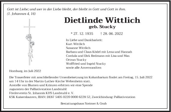 Todesanzeige von Dietlinde Wittlich von saarbruecker_zeitung