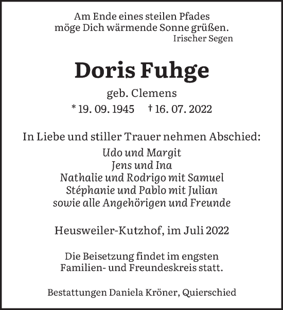 Todesanzeige von Doris Fuhge von saarbruecker_zeitung