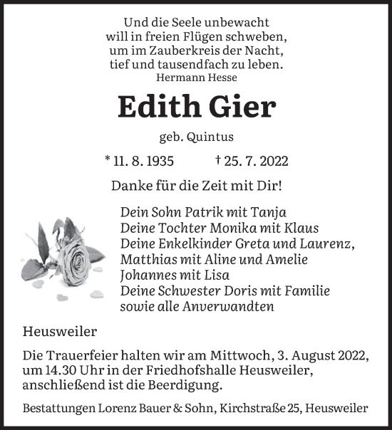 Todesanzeige von Edith Gier von saarbruecker_zeitung