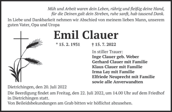 Todesanzeige von Emil Clauer von saarbruecker_zeitung