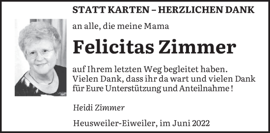 Todesanzeige von Felicitas Zimmer von saarbruecker_zeitung